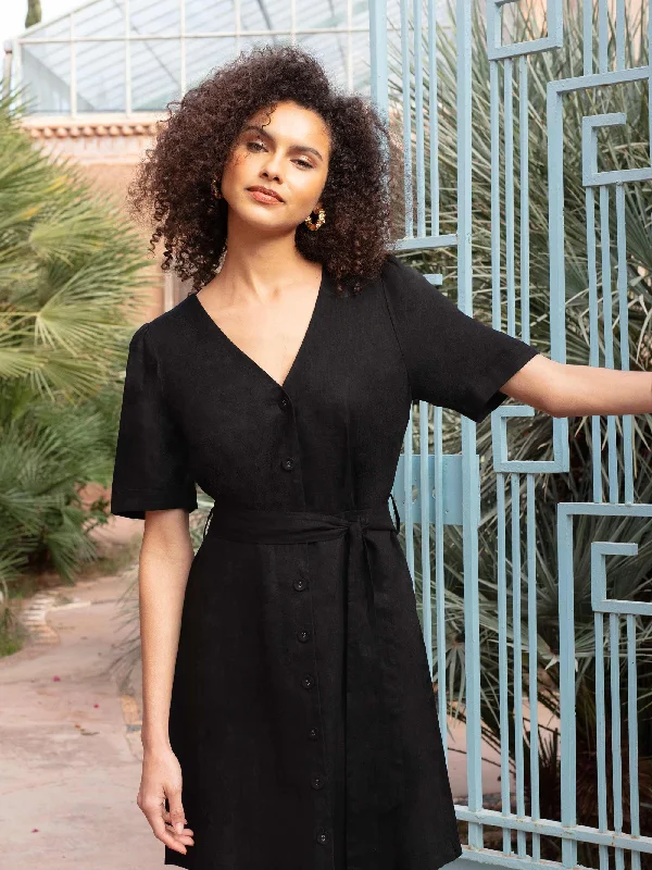 women's shift dressesBlack Linen Button Front Short Dress