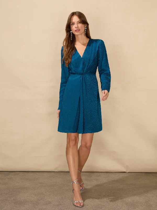 women's unique dressesBlue Satin Jacquard Twist Front Dress