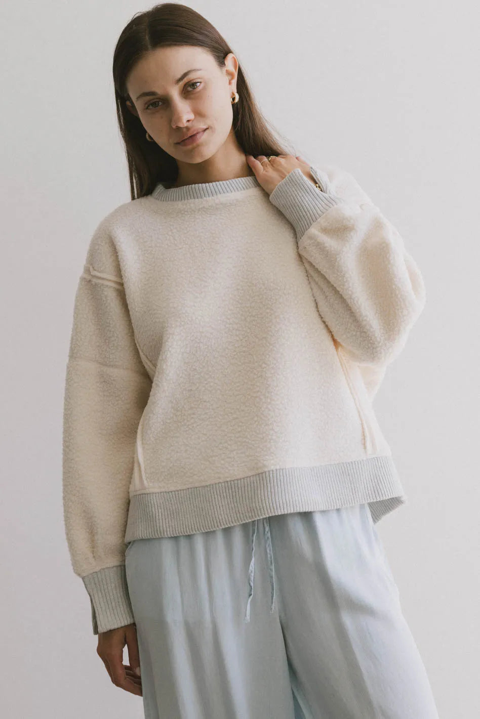 women's off-the-shoulder dressesGracyn Sherpa Crewneck