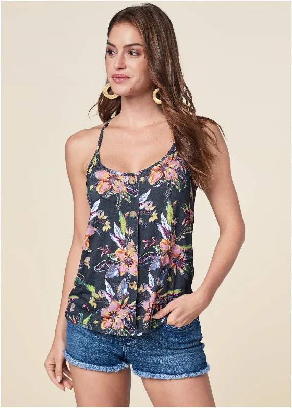 women's business casual dressesButton Detail Floral Tank - Black Multi