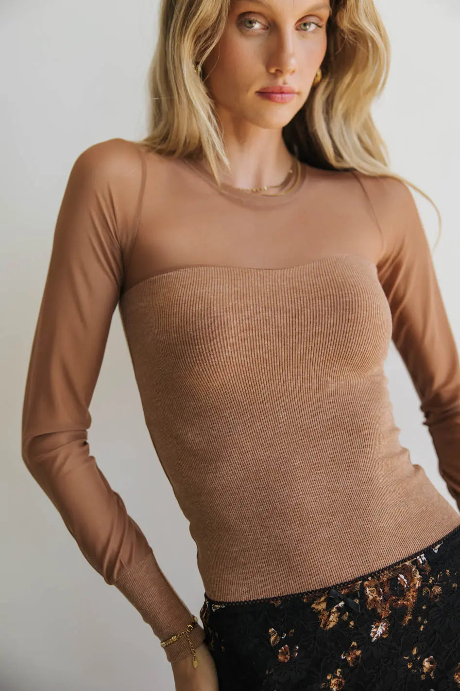 women's high-low dressesLondon Mesh Top in Tan