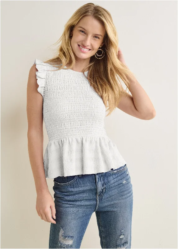 women's chiffon dressesSmocked Peplum Top - Off White