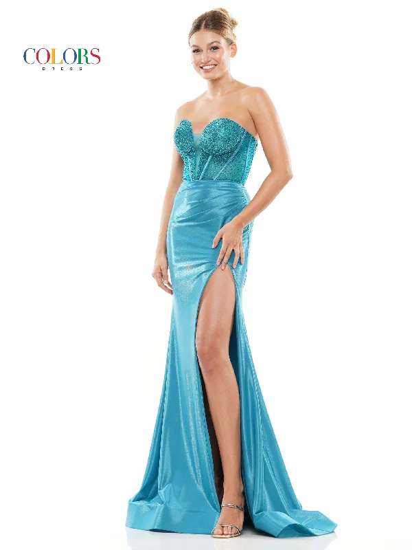 women's lace-up dressesColors 3138 Long Strapless Metallic Prom Dress