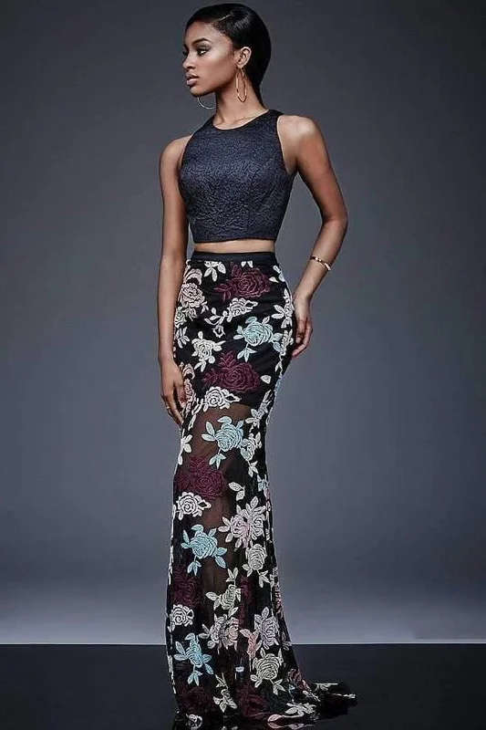 women's denim dressesJovani Floral Print Two-Piece Prom Dress Sale