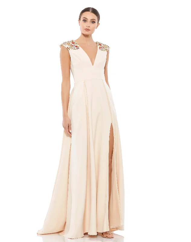 women's flowy dressesBeaded Cap Sleeve V Neck A Line Gown