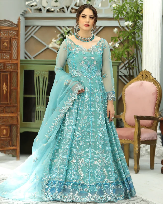 women's bridesmaid dressesEmbroidered Blue Long Organza Gown Pakistani Dresses