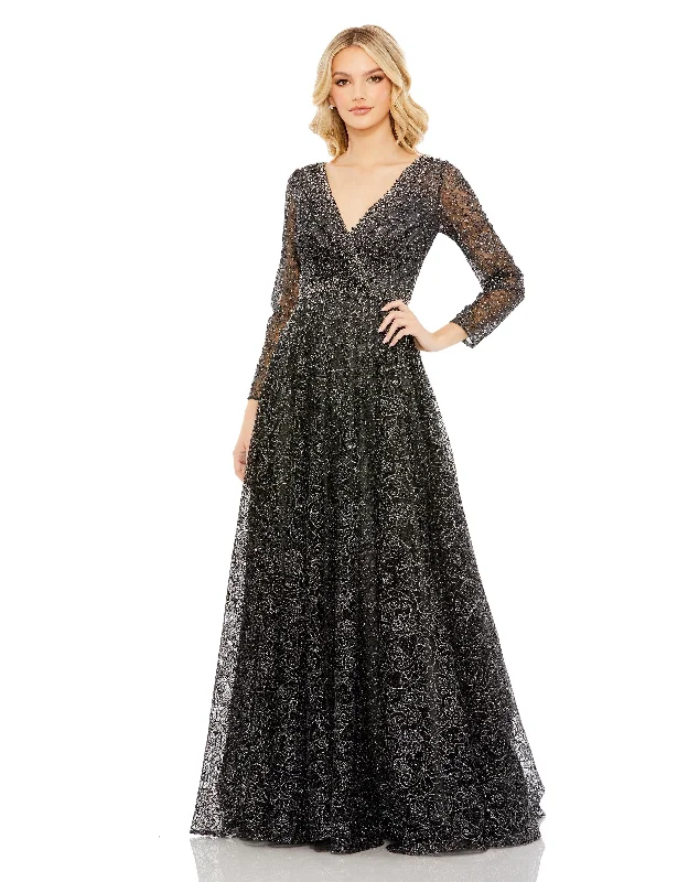 women's unique dressesEmbellished Illusion Long Sleeve V Neck Gown