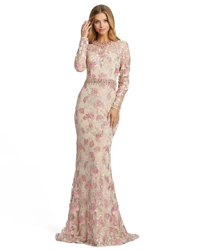 women's stylish dressesFloral Embroidered Illusion Long Sleeve Trumpet Gown