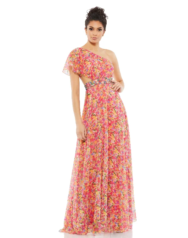 women's halter dressesFloral Print One Shoulder Butterfly Sleeve A Line Gown