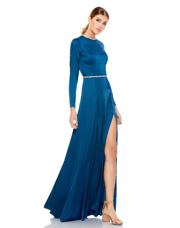 women's machine-washable dressesLong Sleeve Jewel Trimmed Charmeuse Gown