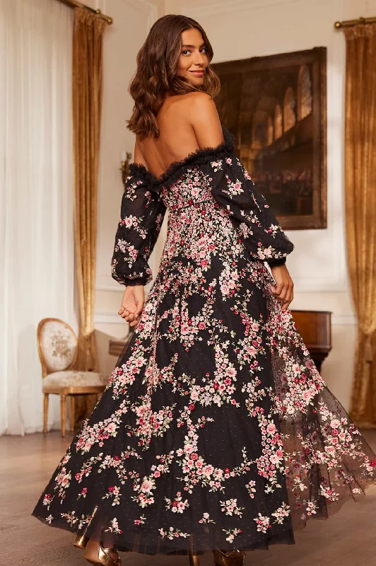 women's cinched-waist dressesLunaria Wreath Off-Shoulder Long Sleeve Gown