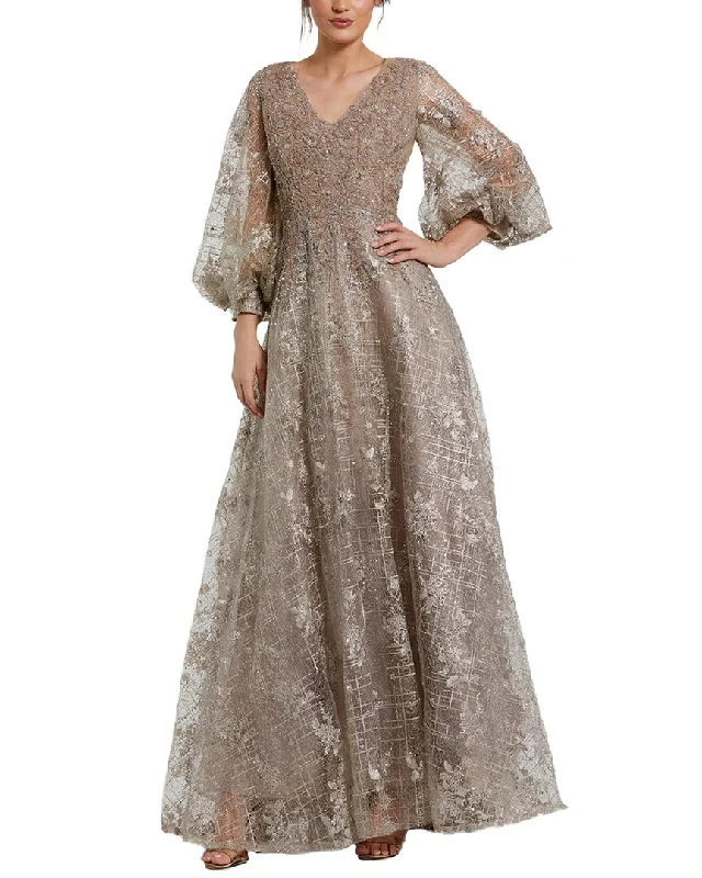 women's chiffon dressesMac Duggal Embellished Plunge Neck Puff Sleeve A-Line Gown