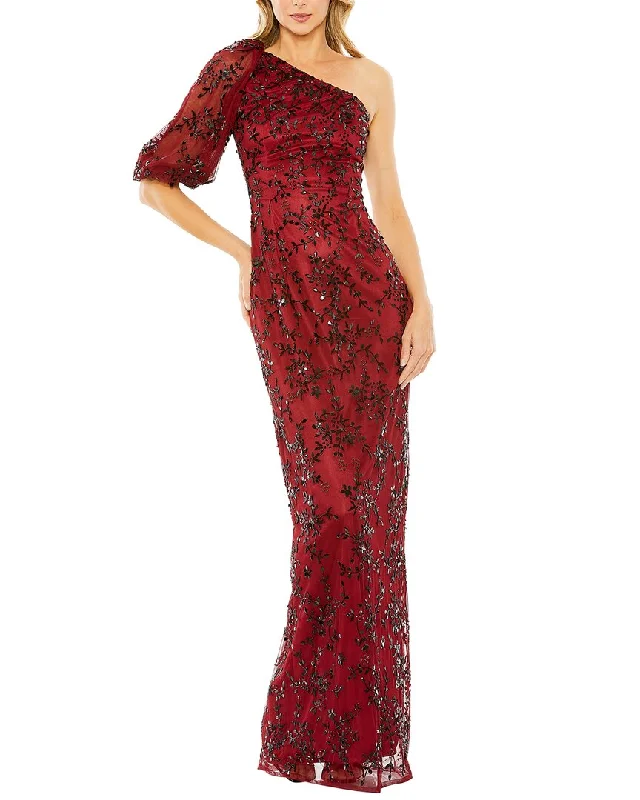 women's maxi dressesMac Duggal One-Shoulder Puff Sleeve Embellished Column Gown