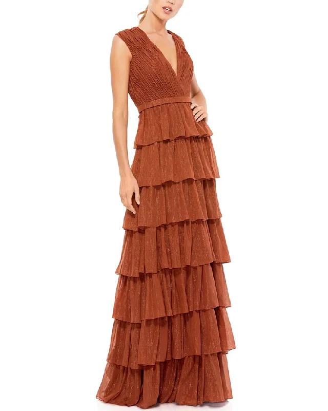 women's halter dressesMac Duggal Plunge Neck Ruffle Tiered Gown