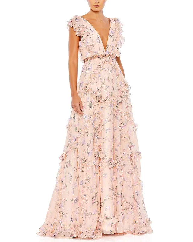 women's pastel dressesMac Duggal Ruffled Floral Print Cap Sleeve Gown