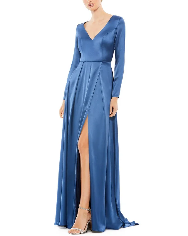 women's hourglass figure dressesMac Duggal Satin V-Neck Pleated Gown