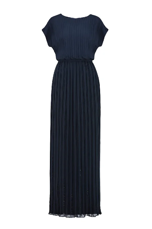 women's high-low dressesMERREMIA NAVY BLUE PLEATED GOWN