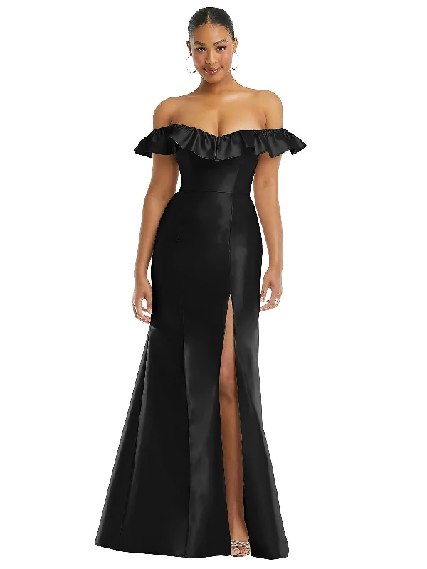 women's ball gown dressesOff-the-Shoulder Ruffle Neck Satin Trumpet Gown