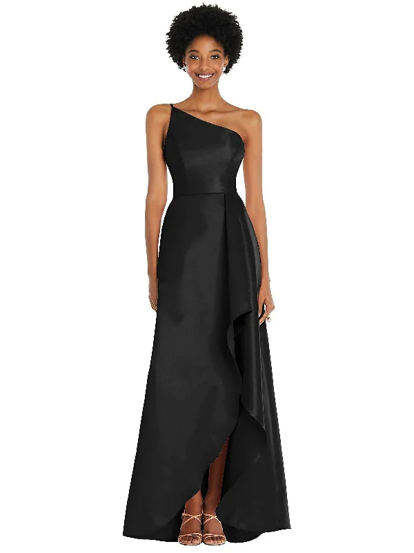 women's A-line dressesOne-Shoulder Satin Gown with Draped Front Slit and Pockets