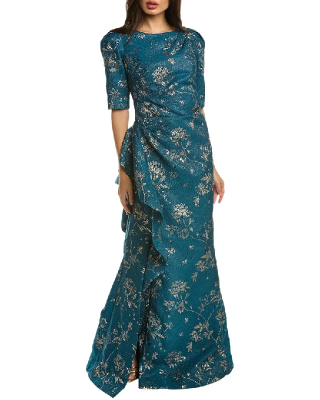 women's bell-sleeved dressesTeri Jon by Rickie Freeman Metallic Jacquard Gown