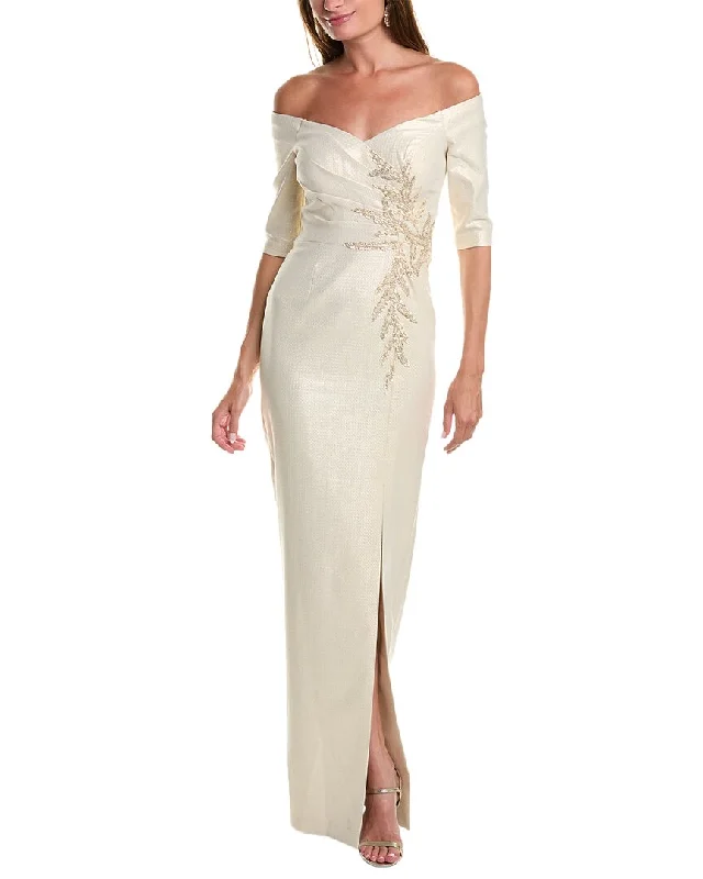 women's lace-up dressesTeri Jon by Rickie Freeman Off-The-Shoulder Column Gown