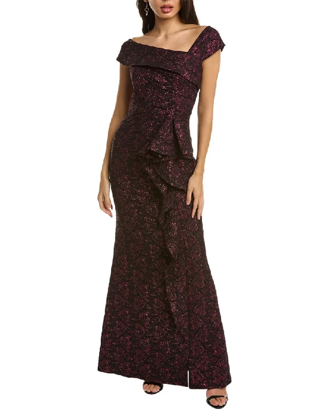 women's ruffle dressesTeri Jon by Rickie Freeman Off-The-Shoulder Jacquard Gown